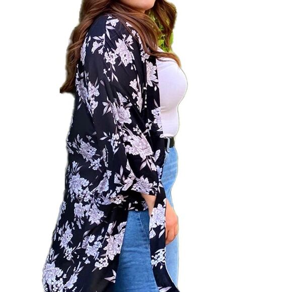 Spiritual Gangster Maya Black Floral Boho Casual Hippie Tie Waist Robe Kimono OS - Picture 3 of 10